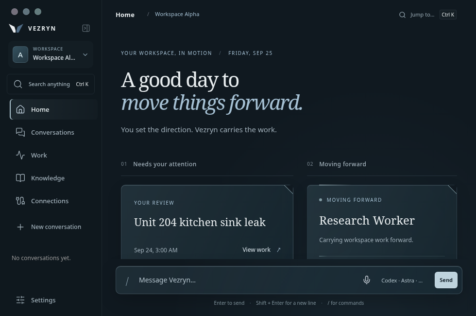 Vezryn Desktop development interface with navigation, a work review item, and a moving-forward work item.